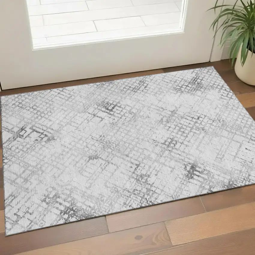 Gray And Silver Abstract Geometric Washable Area Rug With UV Protection Photo 1