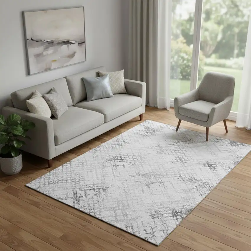 Gray And Silver Abstract Geometric Washable Area Rug With UV Protection Photo 1