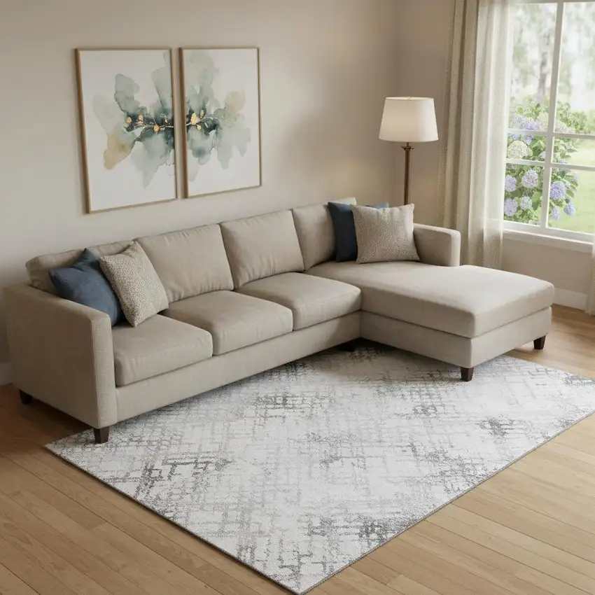 Gray And Silver Abstract Geometric Washable Area Rug With UV Protection Photo 1