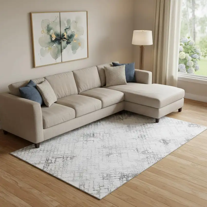 Gray And Silver Abstract Geometric Washable Area Rug With UV Protection Photo 1