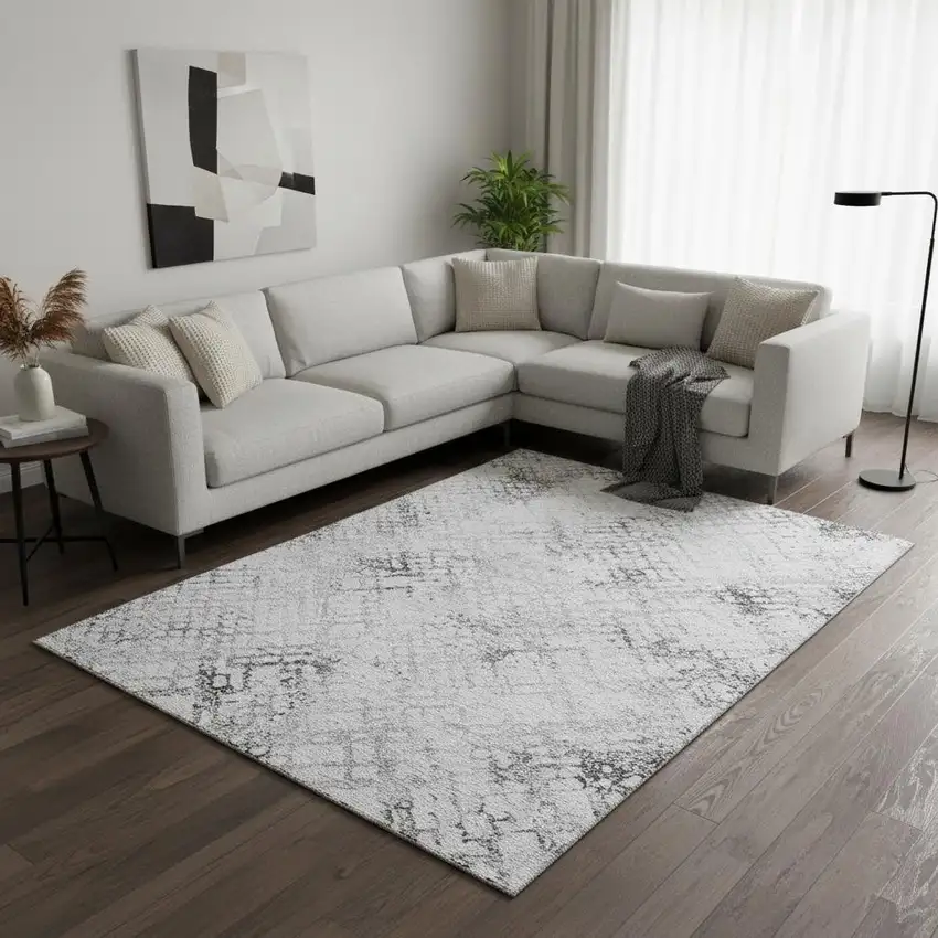 Gray And Silver Abstract Geometric Washable Area Rug With UV Protection Photo 2