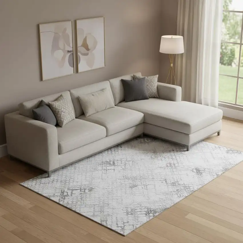 Gray And Silver Abstract Geometric Washable Area Rug With UV Protection Photo 1