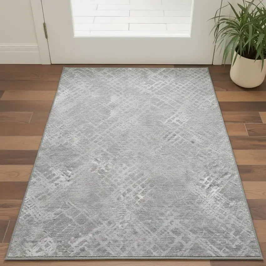 Gray And Silver Abstract Geometric Washable Area Rug With UV Protection Photo 2