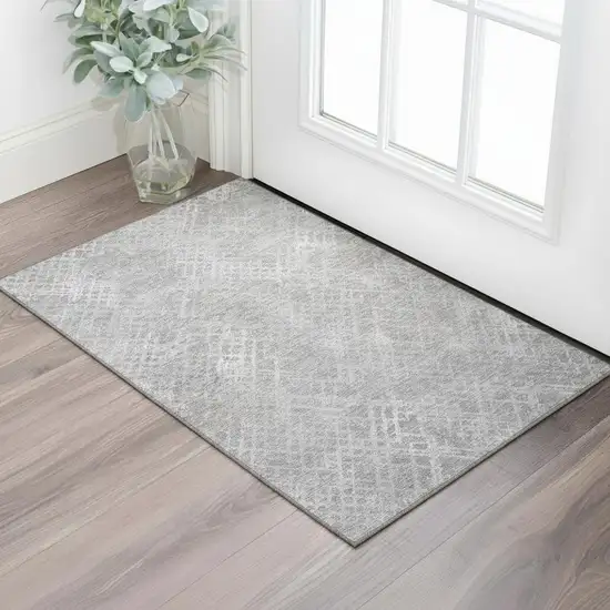 Gray And Silver Abstract Geometric Washable Area Rug With UV Protection Photo 1