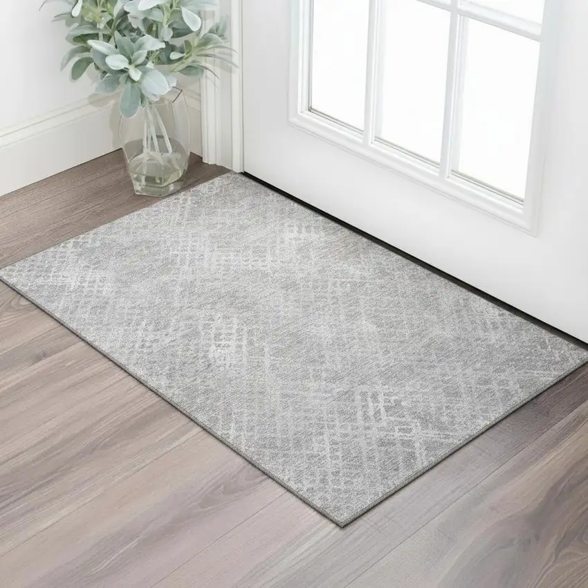 Gray And Silver Abstract Geometric Washable Area Rug With UV Protection Photo 1
