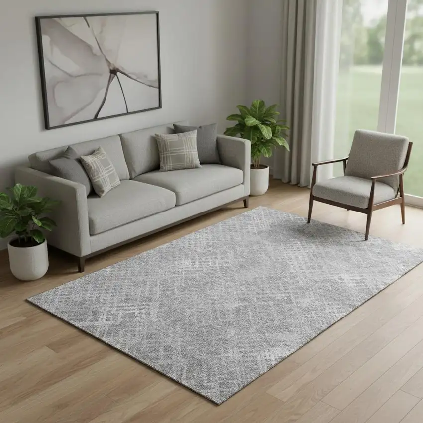 Gray And Silver Abstract Geometric Washable Area Rug With UV Protection Photo 1