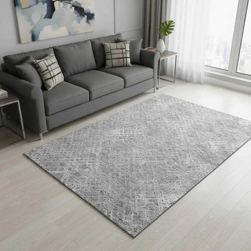 Gray And Silver Abstract Geometric Washable Area Rug With UV Protection Photo 2
