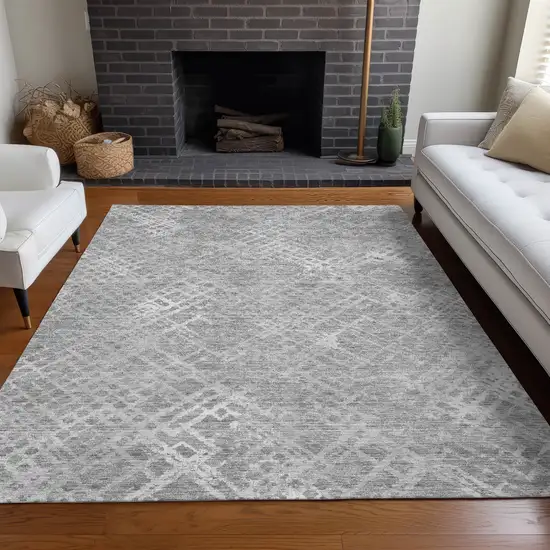 Gray And Silver Abstract Geometric Washable Area Rug With UV Protection Photo 5