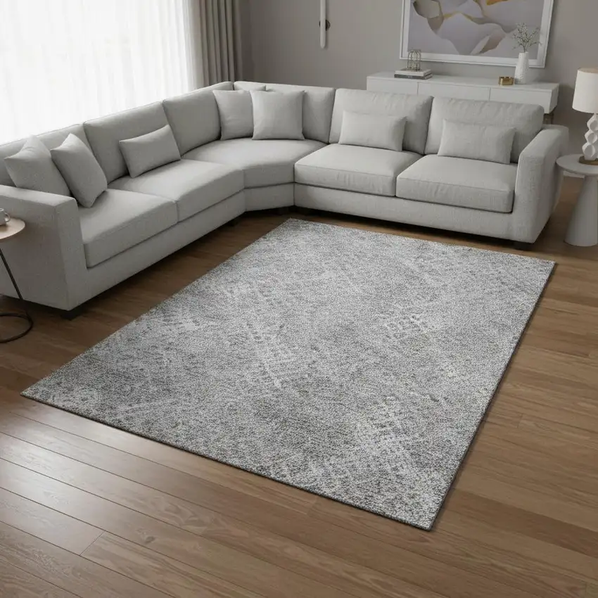Gray And Silver Abstract Geometric Washable Area Rug With UV Protection Photo 2