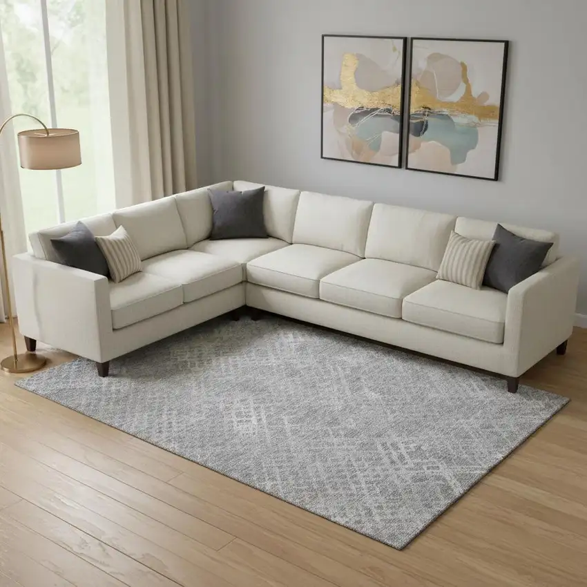 Gray And Silver Abstract Geometric Washable Area Rug With UV Protection Photo 1