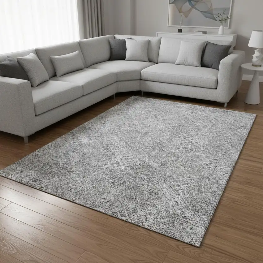 Gray And Silver Abstract Geometric Washable Area Rug With UV Protection Photo 2