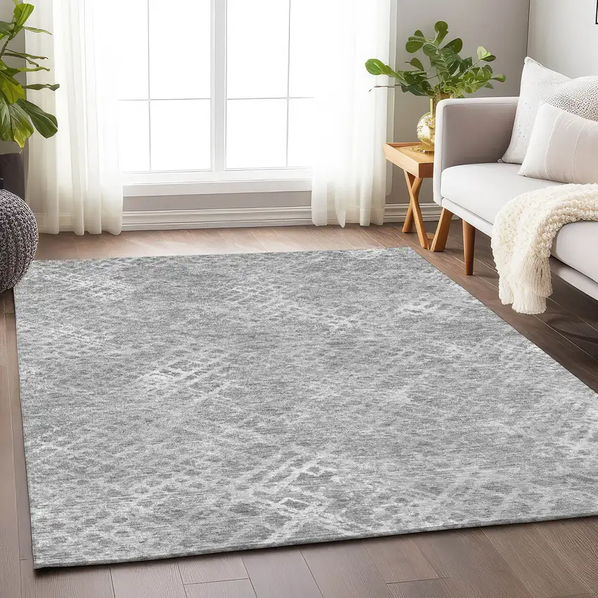Gray And Silver Abstract Geometric Washable Area Rug With UV Protection Photo 5