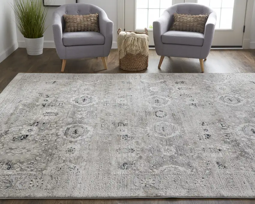 Gray And Silver Abstract Power Loom Distressed Area Rug Photo 1