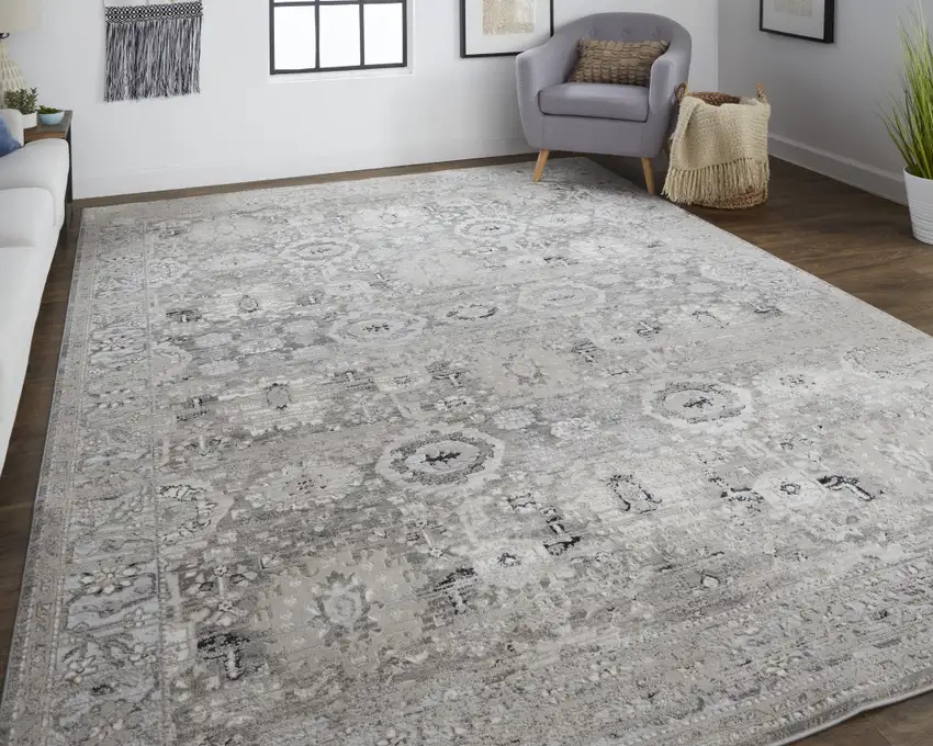 Gray And Silver Abstract Power Loom Distressed Area Rug Photo 8