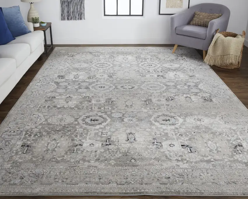 Gray And Silver Abstract Power Loom Distressed Area Rug Photo 7