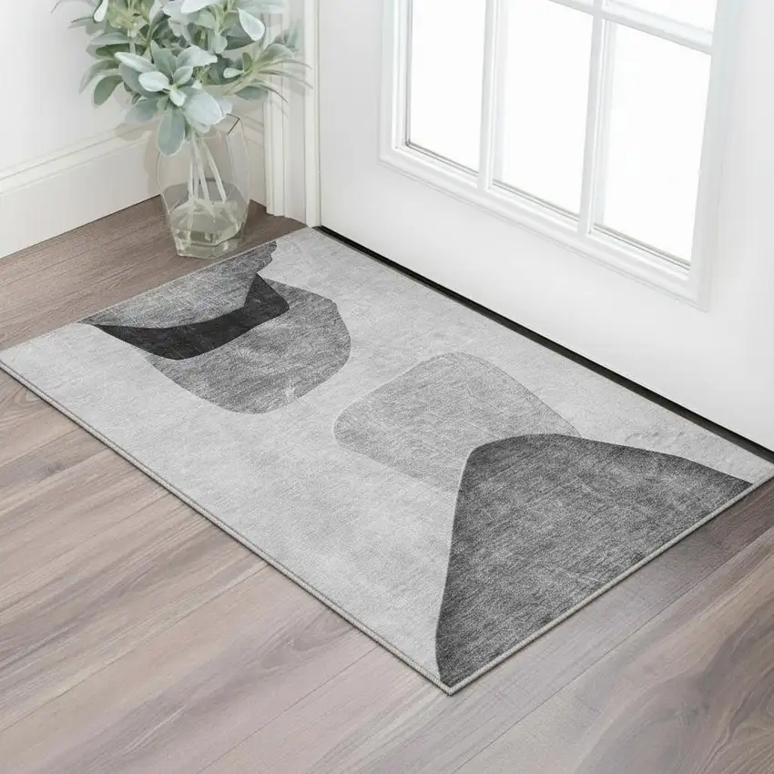 Gray And Silver Abstract Washable Area Rug With UV Protection Photo 2