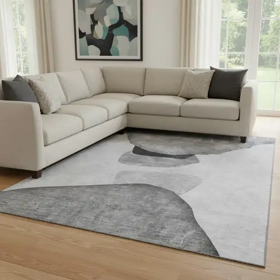 Gray And Silver Abstract Washable Area Rug With UV Protection Photo 1