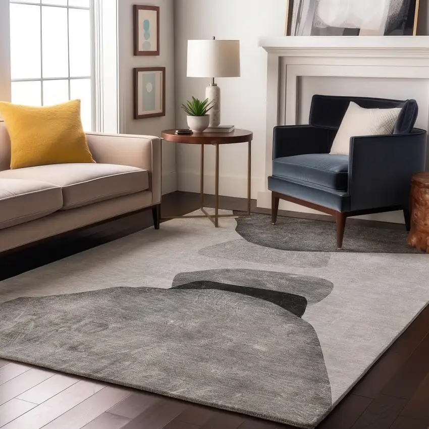Gray And Silver Abstract Washable Area Rug With UV Protection Photo 5