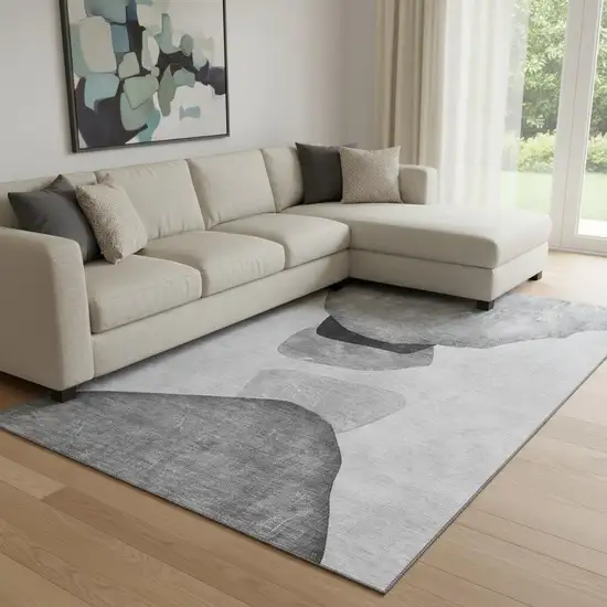 Gray And Silver Abstract Washable Area Rug With UV Protection Photo 1