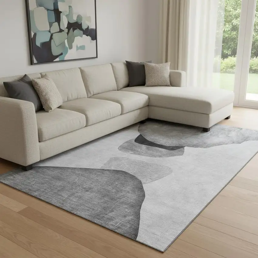 Gray And Silver Abstract Washable Area Rug With UV Protection Photo 1