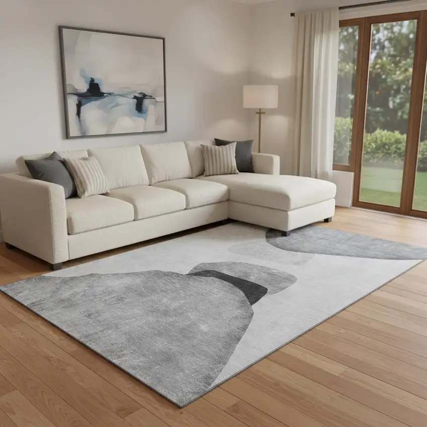 Gray And Silver Abstract Washable Area Rug With UV Protection Photo 1