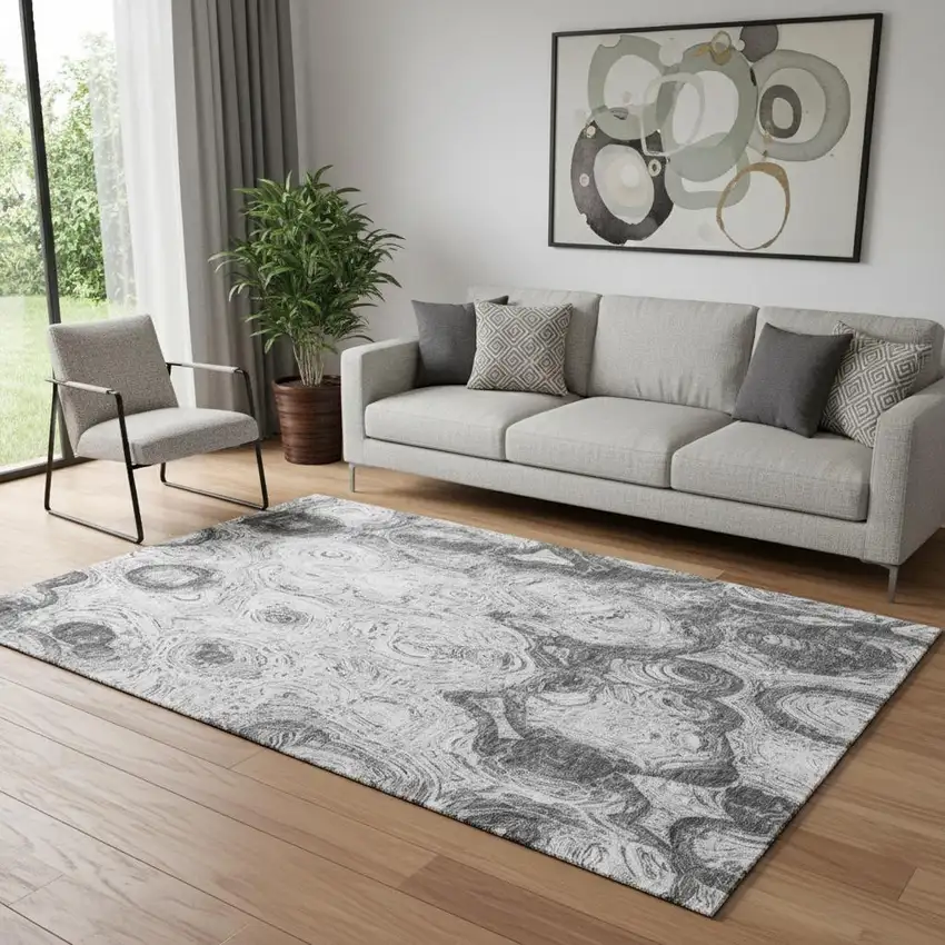 Gray And Silver Abstract Washable Area Rug With UV Protection Photo 1