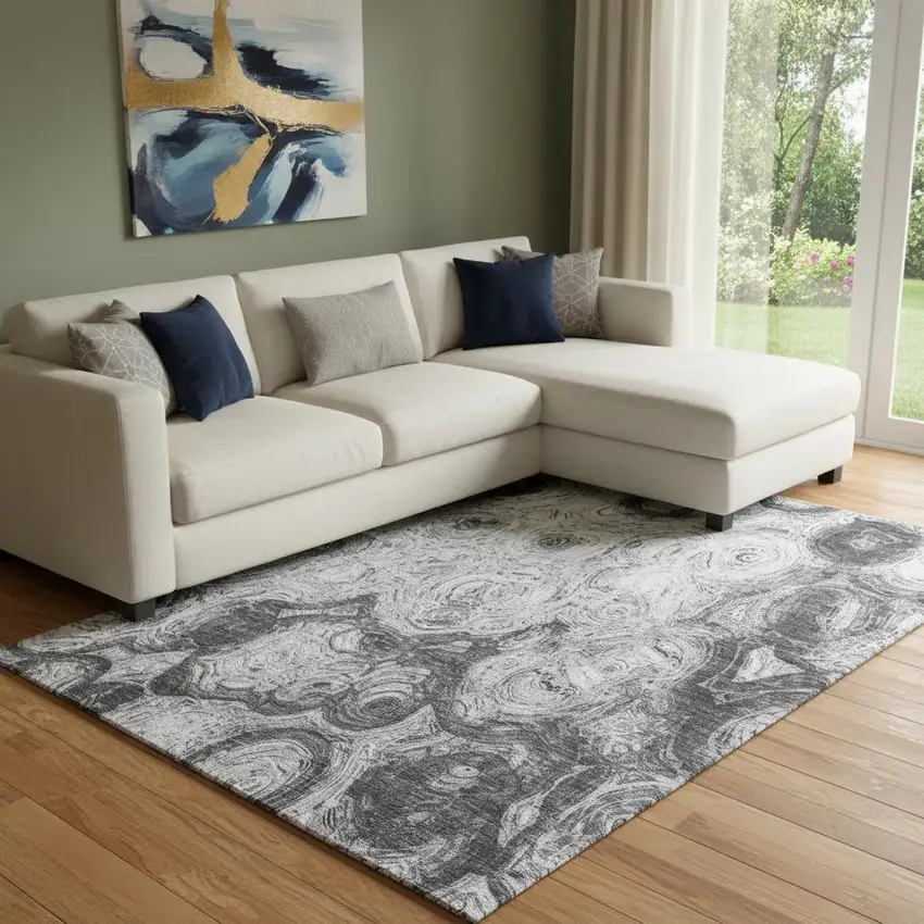 Gray And Silver Abstract Washable Area Rug With UV Protection Photo 1