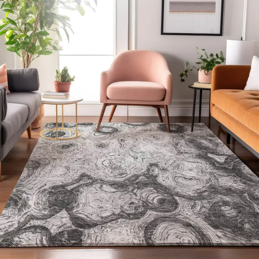 Gray And Silver Abstract Washable Area Rug With UV Protection Photo 4