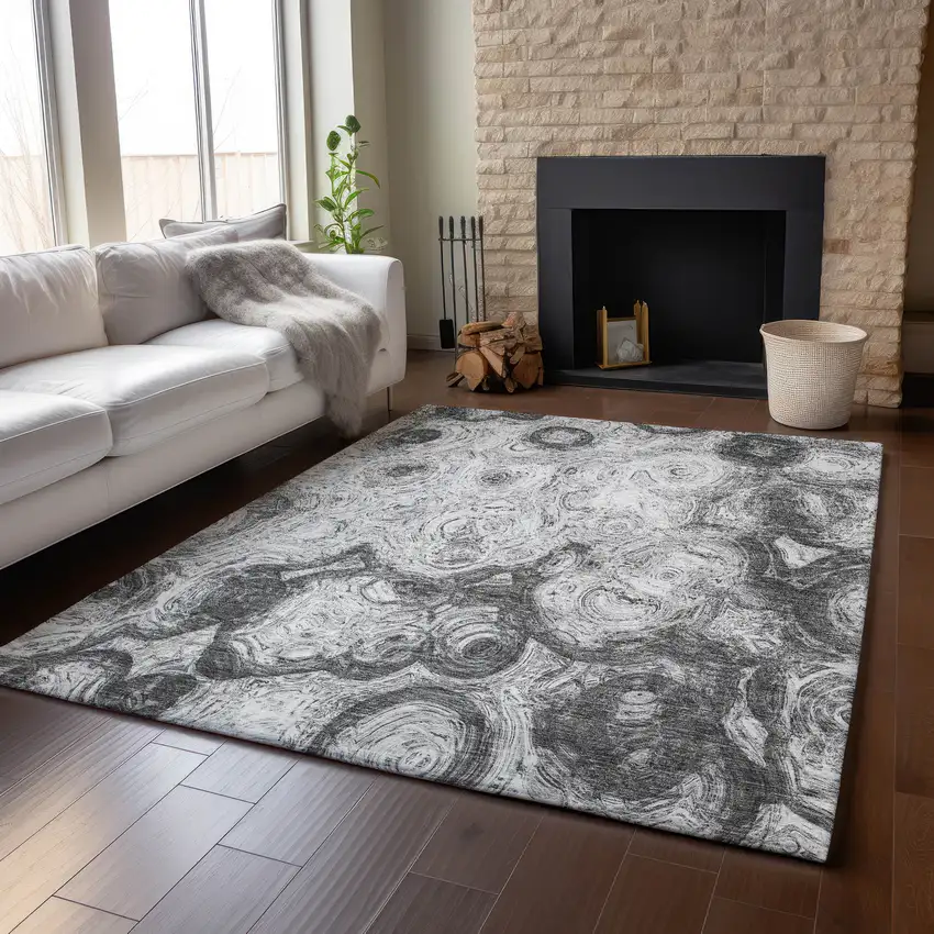 Gray And Silver Abstract Washable Area Rug With UV Protection Photo 5