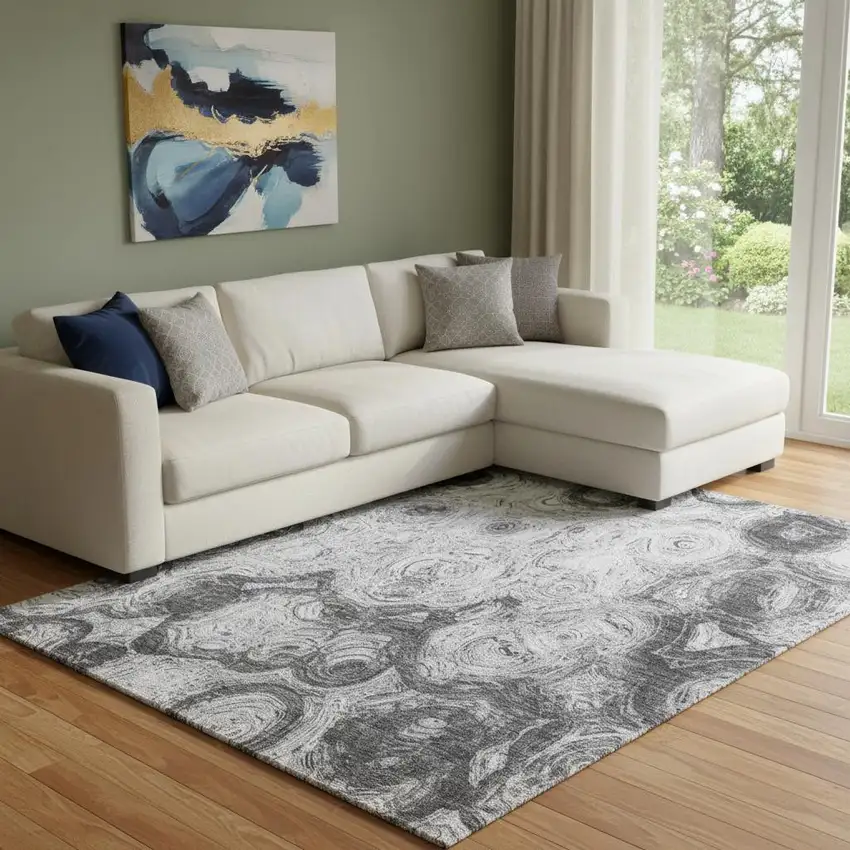 Gray And Silver Abstract Washable Area Rug With UV Protection Photo 1