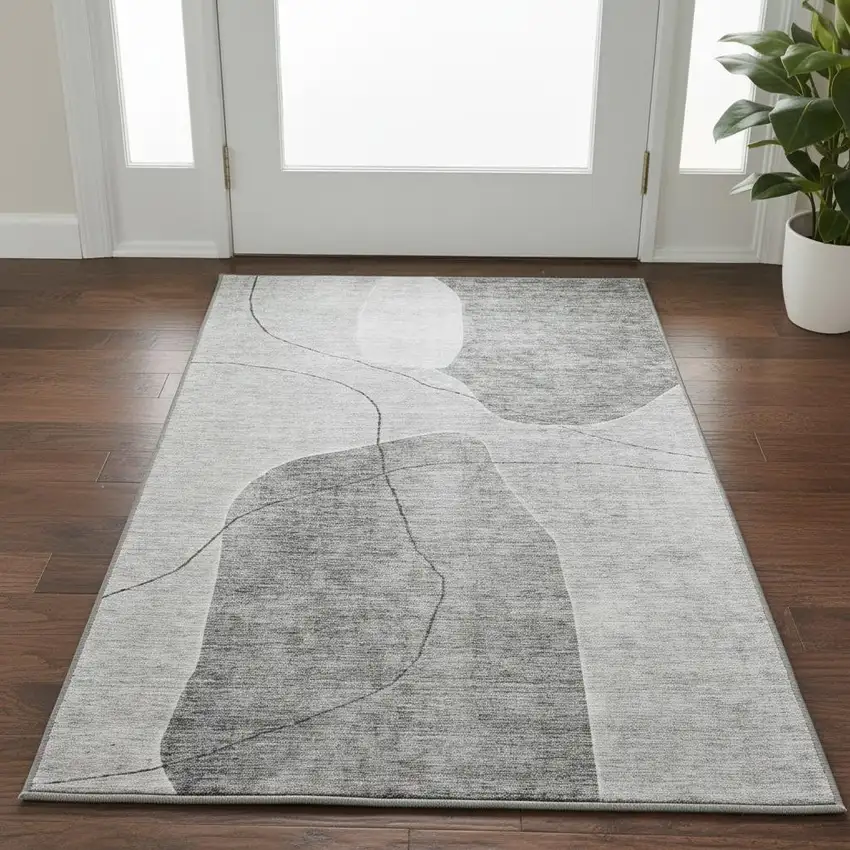 Gray And Silver Abstract Washable Area Rug With UV Protection Photo 3