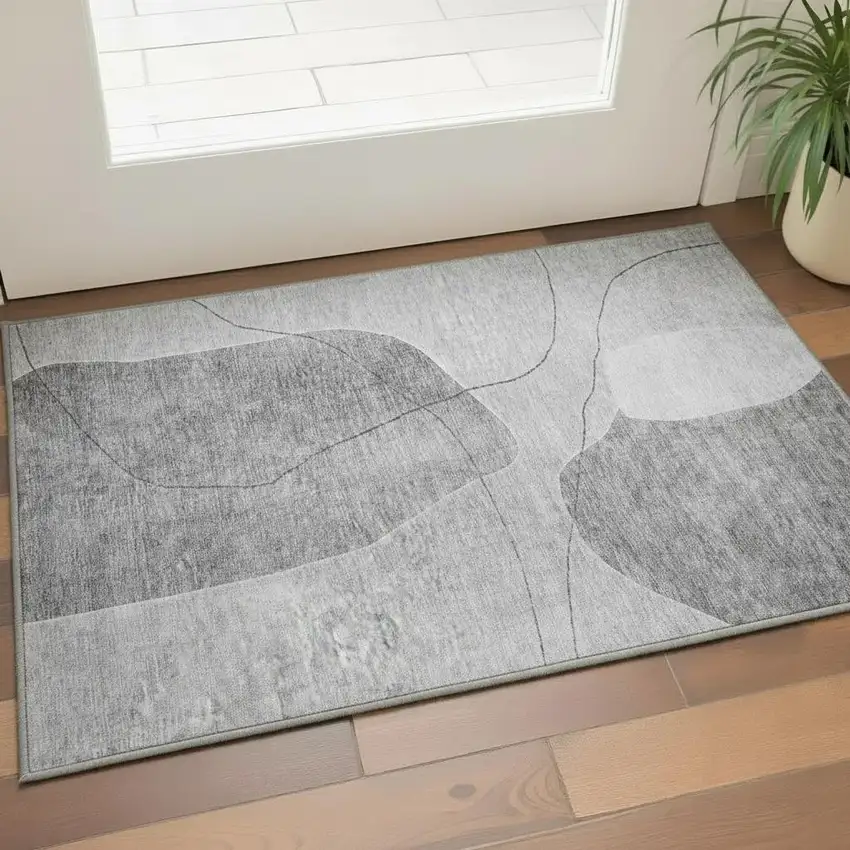 Gray And Silver Abstract Washable Area Rug With UV Protection Photo 2