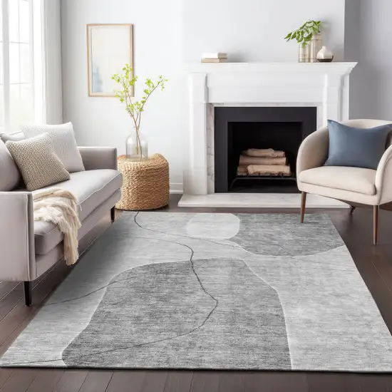 Gray And Silver Abstract Washable Area Rug With UV Protection Photo 5