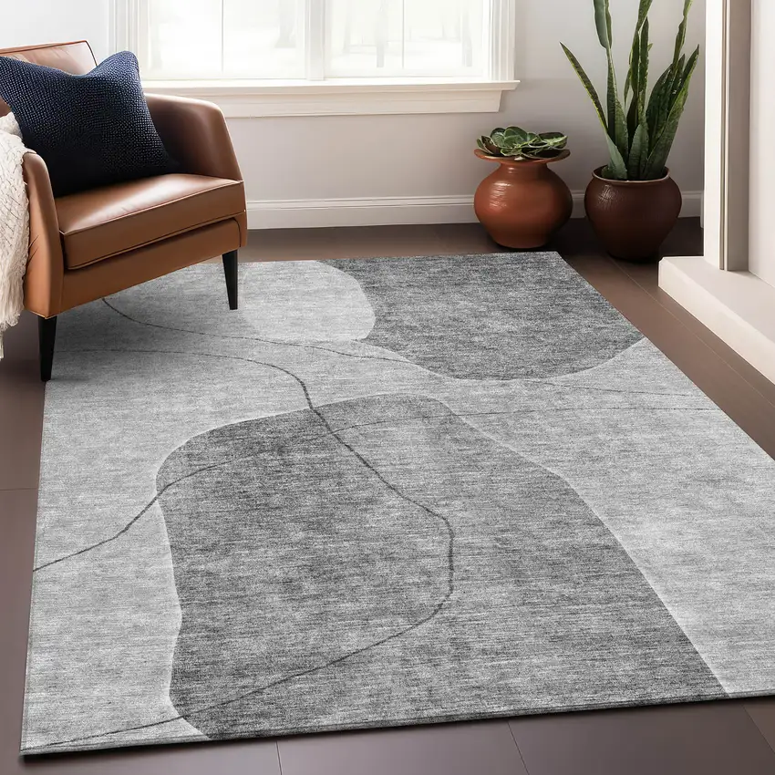 Gray And Silver Abstract Washable Area Rug With UV Protection Photo 4
