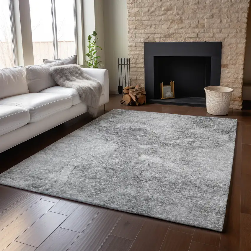 Gray And Silver Abstract Washable Area Rug With UV Protection Photo 5