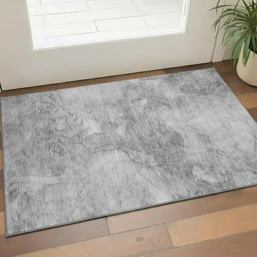 Gray And Silver Abstract Washable Area Rug With UV Protection Photo 1