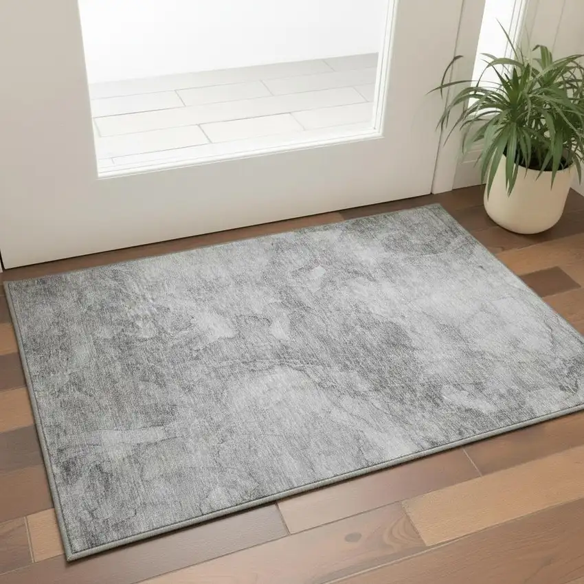 Gray And Silver Abstract Washable Area Rug With UV Protection Photo 2