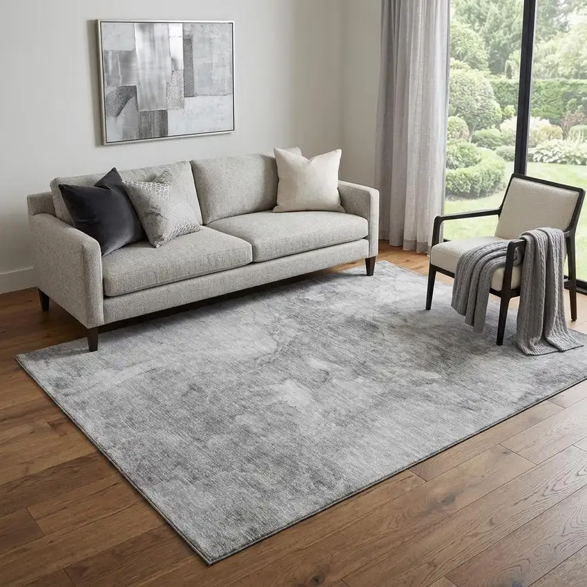 Gray And Silver Abstract Washable Area Rug With UV Protection Photo 1