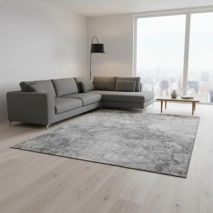 Gray And Silver Abstract Washable Area Rug With UV Protection Photo 1