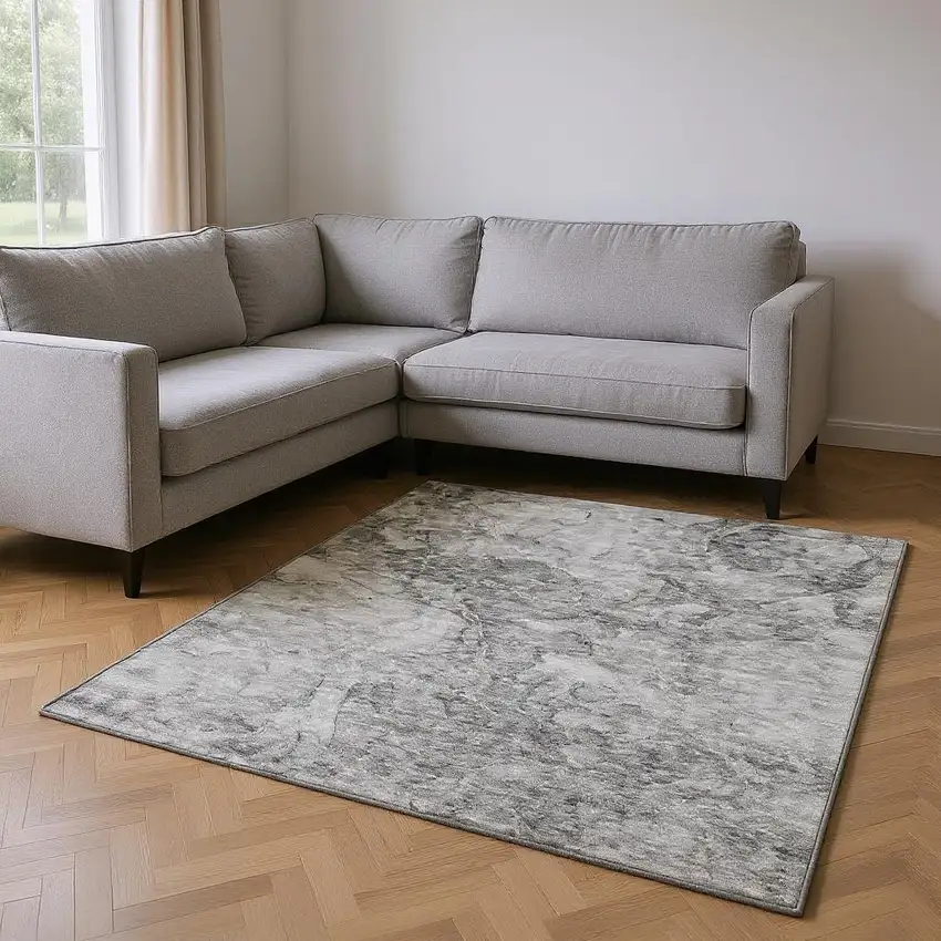 Gray And Silver Abstract Washable Area Rug With UV Protection Photo 1