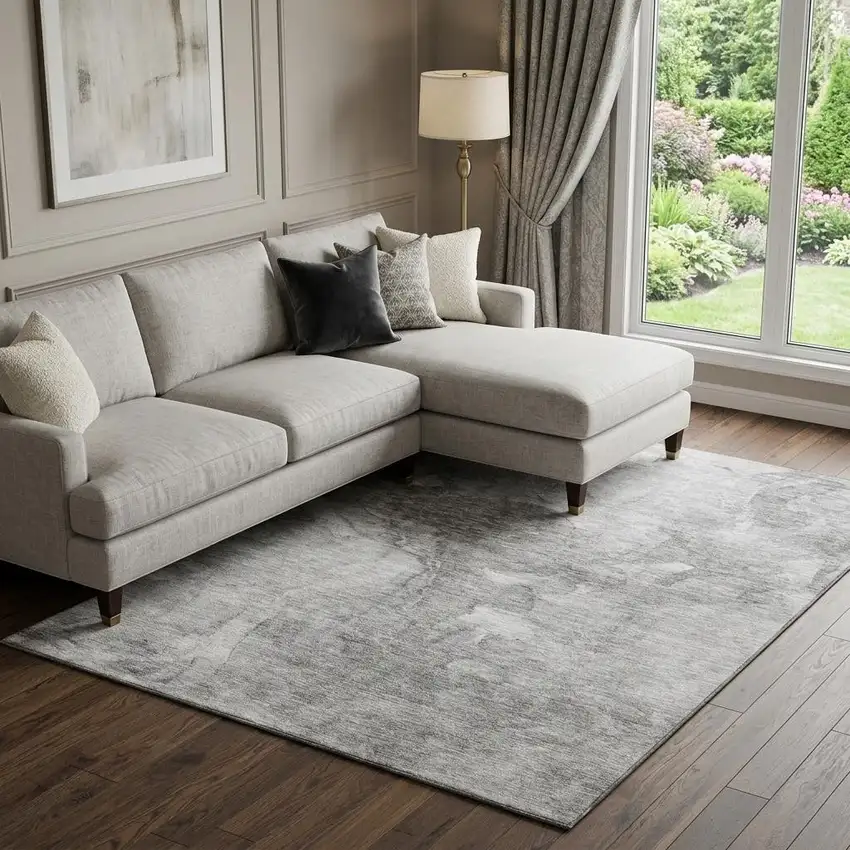 Gray And Silver Abstract Washable Area Rug With UV Protection Photo 1