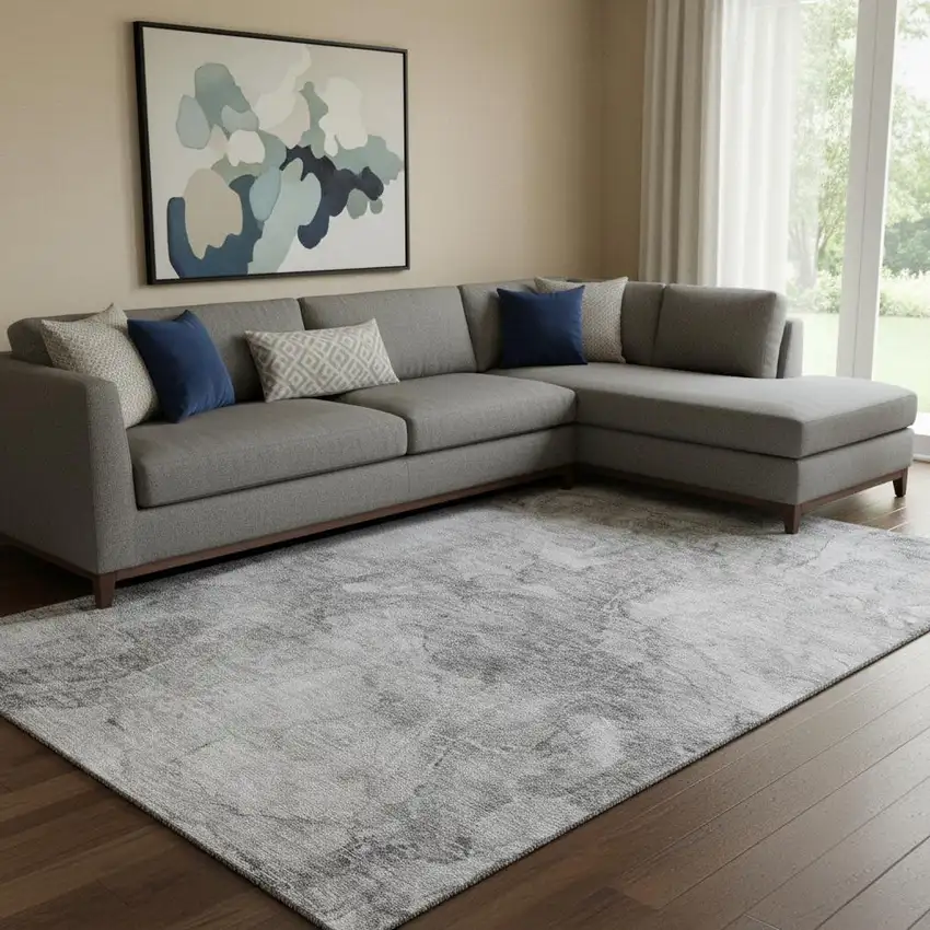 Gray And Silver Abstract Washable Area Rug With UV Protection Photo 1