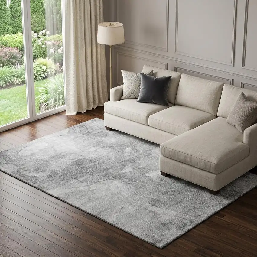 Gray And Silver Abstract Washable Area Rug With UV Protection Photo 1