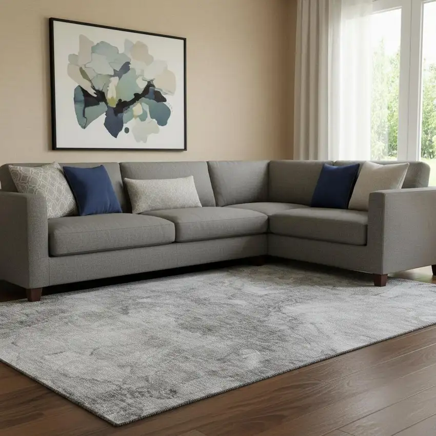 Gray And Silver Abstract Washable Area Rug With UV Protection Photo 1