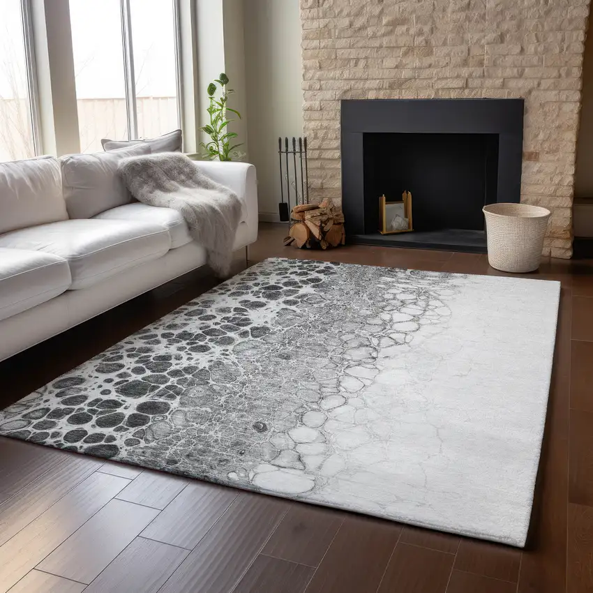 Gray And Silver Abstract Washable Area Rug With UV Protection Photo 5