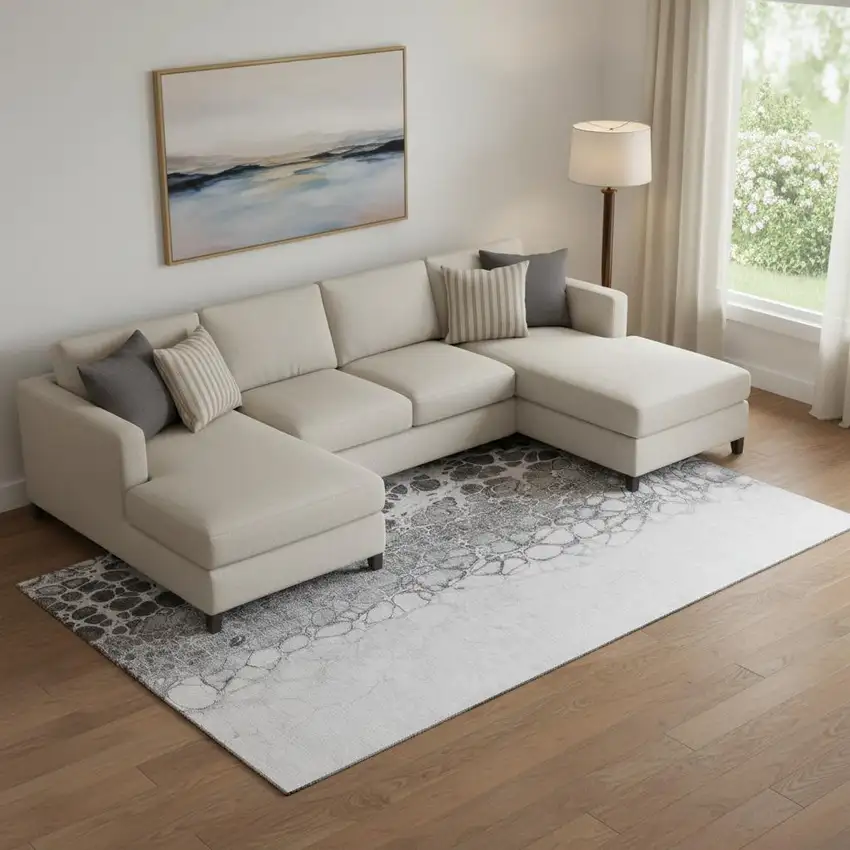 Gray And Silver Abstract Washable Area Rug With UV Protection Photo 1