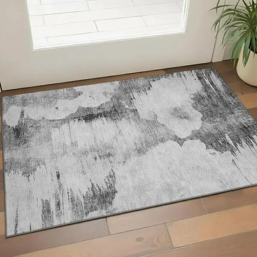 Gray And Silver Abstract Washable Area Rug With UV Protection Photo 1