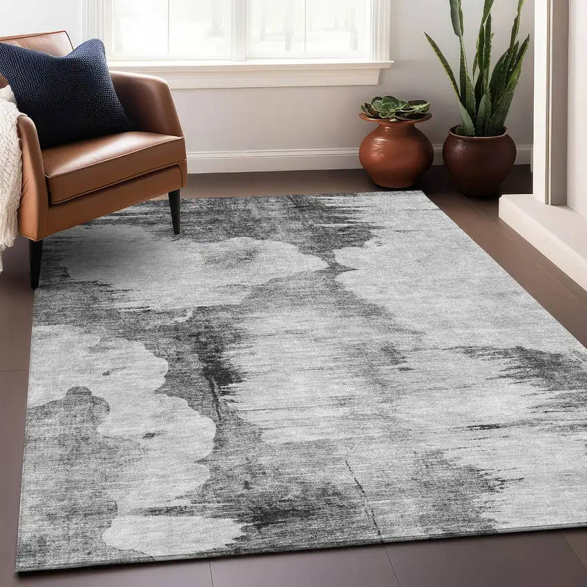 Gray And Silver Abstract Washable Area Rug With UV Protection Photo 4