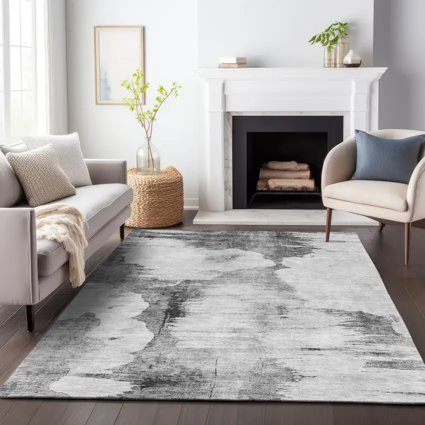 Gray And Silver Abstract Washable Area Rug With UV Protection Photo 3