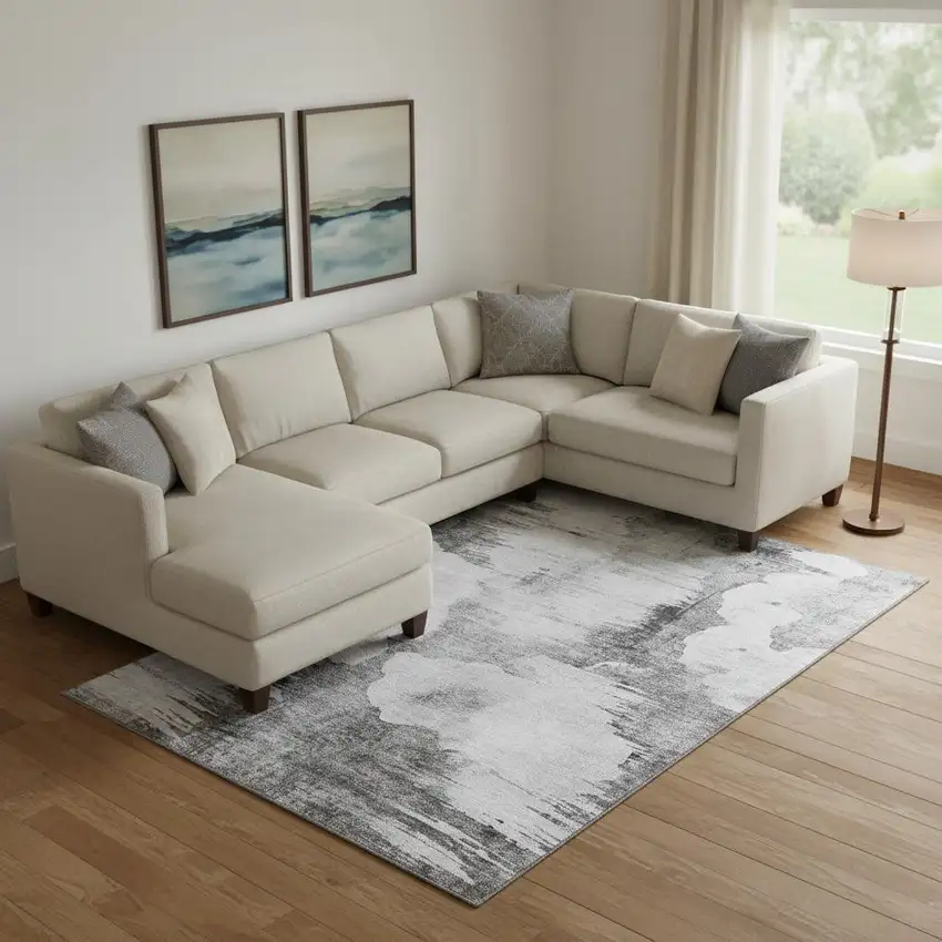 Gray And Silver Abstract Washable Area Rug With UV Protection Photo 1